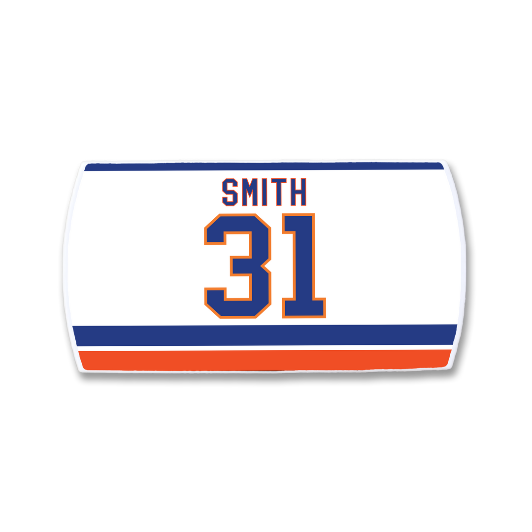 The ZippyBack™ Billy Smith white hockey jersey nameplate features SMITH and number 31 in blue and orange, with blue, orange, and red bottom stripes—a perfect tribute for fans of clutch performances.