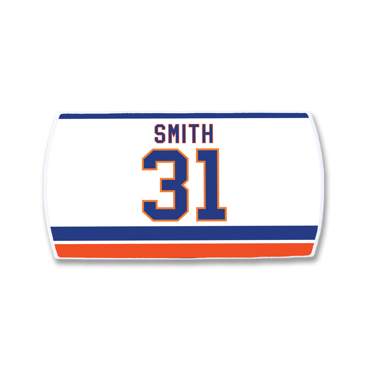 The ZippyBack™ Billy Smith white hockey jersey nameplate features SMITH and number 31 in blue and orange, with blue, orange, and red bottom stripes—a perfect tribute for fans of clutch performances.