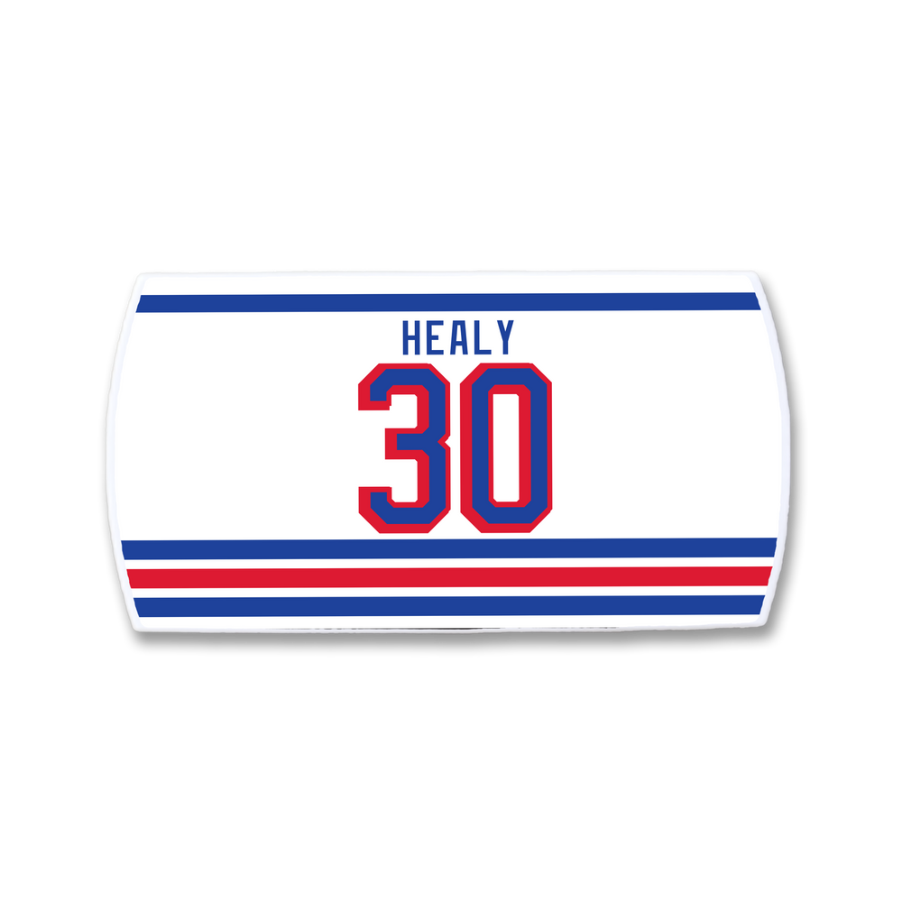 A white rectangular ZippyBack™ nameplate for Glenn Healy, featuring his name in blue above a large red and blue number 30, with blue and red stripes—celebrating his NHL career with the New York Islanders.
