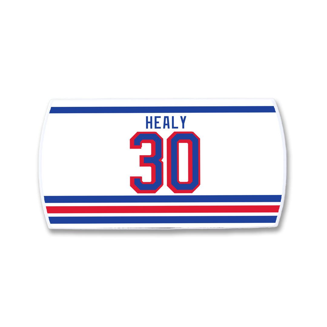 A white rectangular ZippyBack™ nameplate for Glenn Healy, featuring his name in blue above a large red and blue number 30, with blue and red stripes—celebrating his NHL career with the New York Islanders.