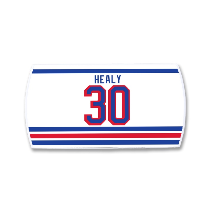 A white rectangular ZippyBack™ nameplate for Glenn Healy, featuring his name in blue above a large red and blue number 30, with blue and red stripes—celebrating his NHL career with the New York Islanders.