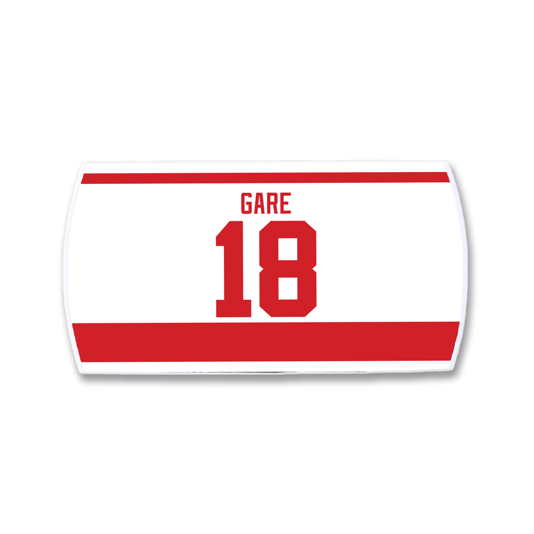 The ZippyBack™ Danny Gare hockey jersey nameplate features a white rectangle with red trim, plus bold red "GARE" and number 18—ideal for showcasing captain’s edge and scorer’s instinct.