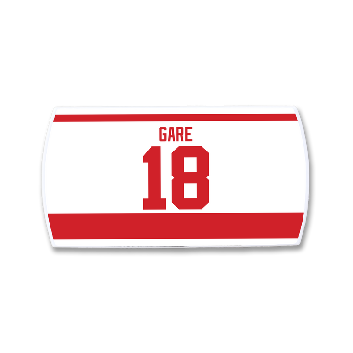The ZippyBack™ Danny Gare hockey jersey nameplate features a white rectangle with red trim, plus bold red "GARE" and number 18—ideal for showcasing captain’s edge and scorer’s instinct.