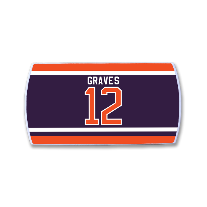 The ZippyBack™ Adam Graves sports towel features "GRAVES" above a bold number 12 on navy-blue and orange, with white and orange stripes along the top and bottom—perfect for showcasing your game-day spirit.