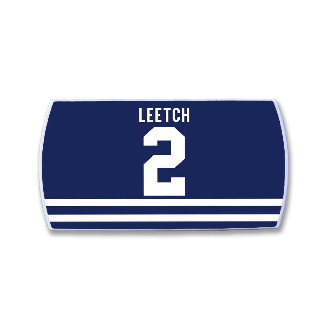 A ZippyBack™ Brian Leetch blue hockey jersey nameplate features white "LEETCH" text above a large number 2 and three horizontal white stripes, celebrating the legendary defenseman.