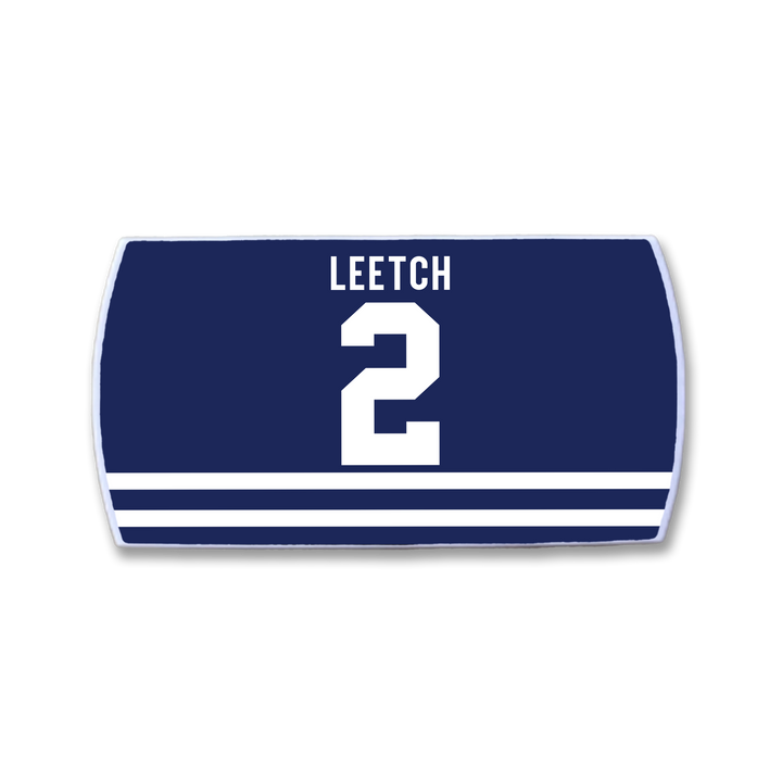 A ZippyBack™ Brian Leetch blue hockey jersey nameplate features white "LEETCH" text above a large number 2 and three horizontal white stripes, celebrating the legendary defenseman.