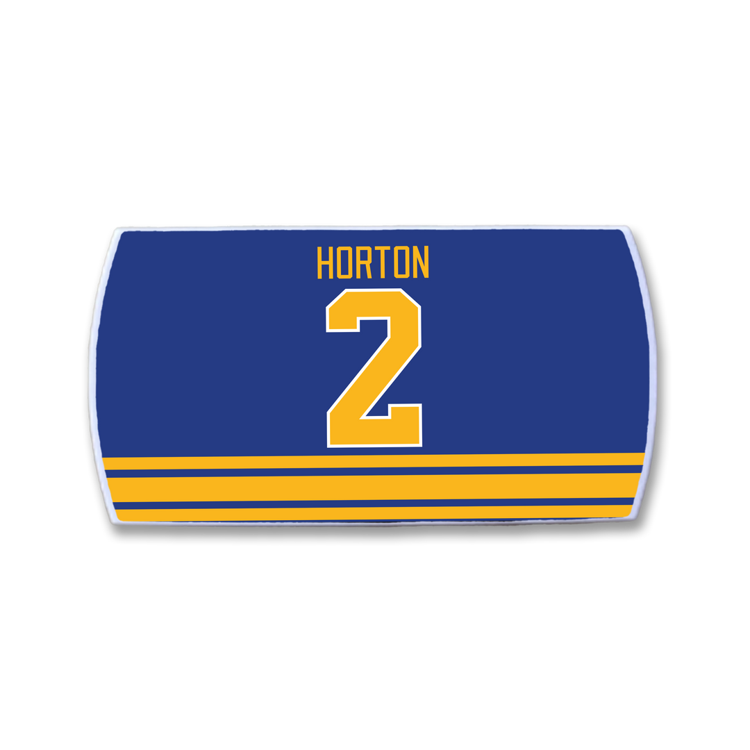 ZippyBack™ Tim Horton hockey jersey graphic in blue and yellow, with HORTON and number 2 in bold yellow, yellow bottom stripes, on a white background—celebrating legendary defenseman Tim Horton.