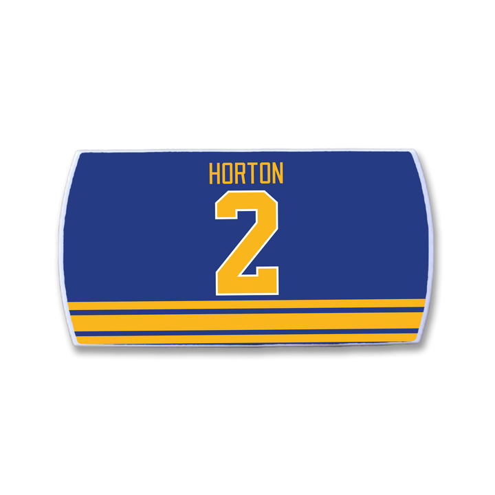 ZippyBack™ Tim Horton hockey jersey graphic in blue and yellow, with HORTON and number 2 in bold yellow, yellow bottom stripes, on a white background—celebrating legendary defenseman Tim Horton.