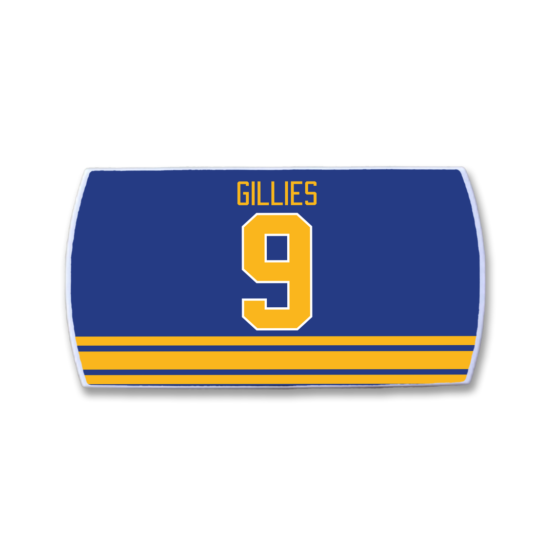 The ZippyBack™ Clark Gillies hockey jersey is blue with yellow and white stripes, features “GILLIES” at the top, and a large yellow 9 in tribute to the legendary power forward.