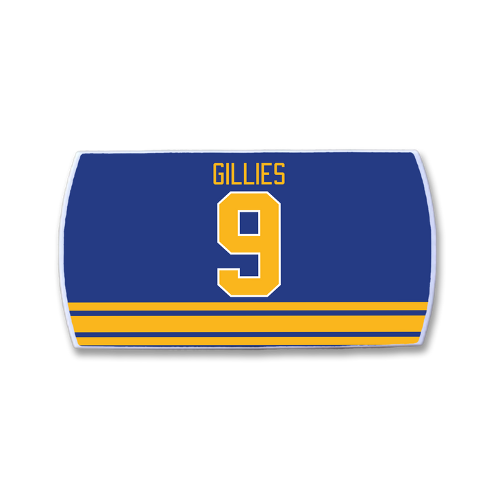 The ZippyBack™ Clark Gillies hockey jersey is blue with yellow and white stripes, features “GILLIES” at the top, and a large yellow 9 in tribute to the legendary power forward.