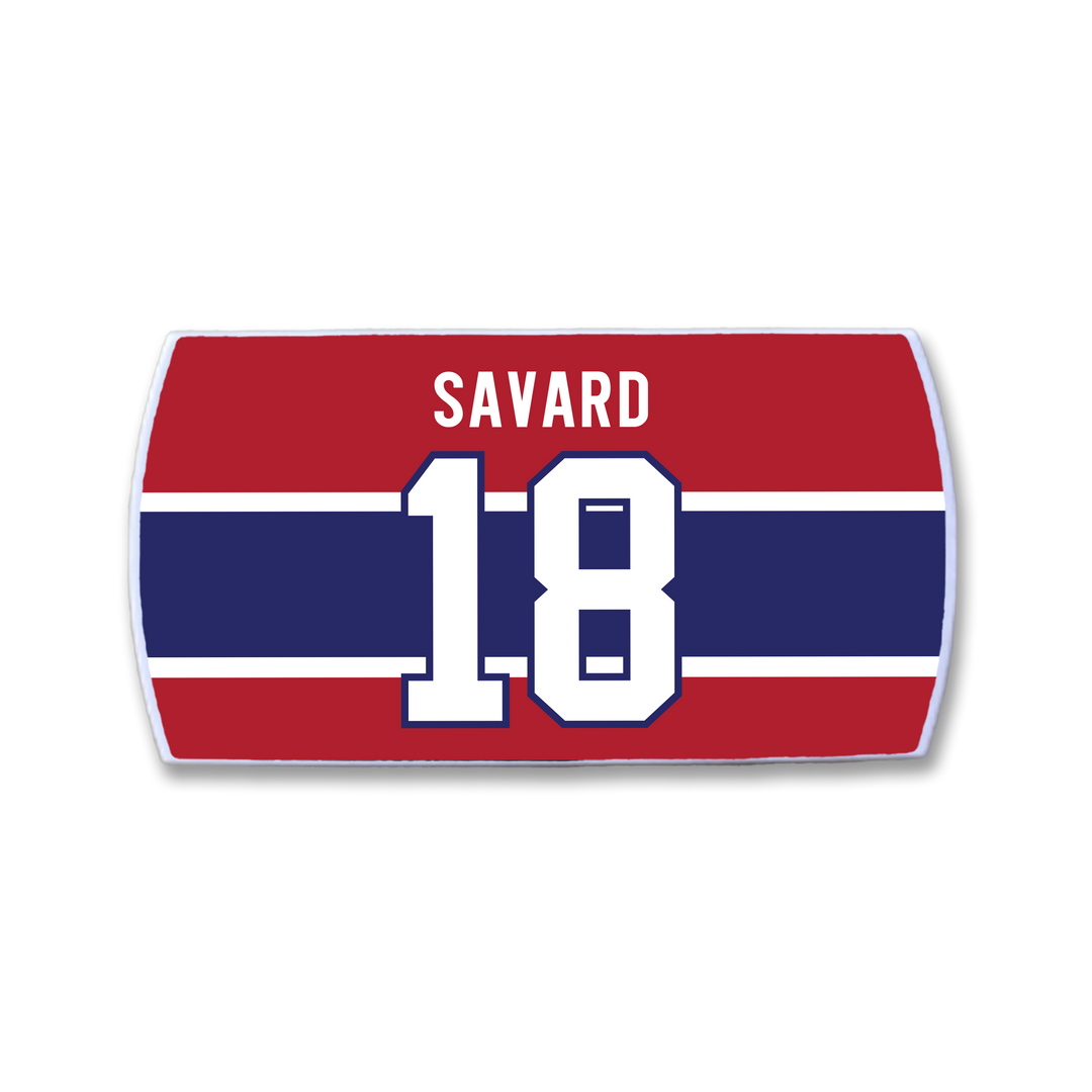 The ZippyBack™ Denis Savard red hockey jersey nameplate features a navy stripe, "Savard" in white above the large white-outlined 18—honoring Denis Savard’s legendary puck skills.