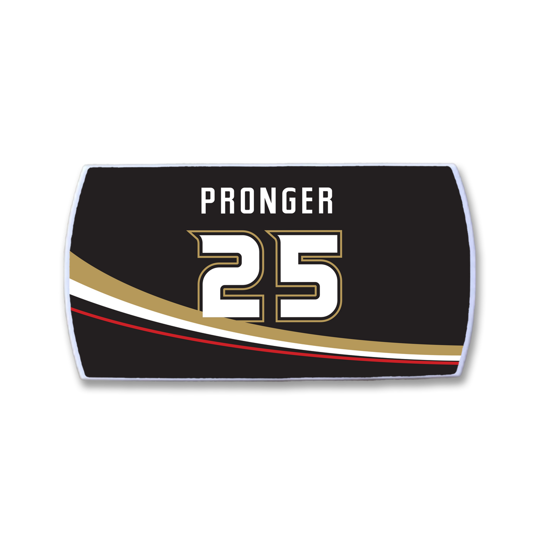 A black ZippyBack™ hockey nameplate for Chris Pronger features white lettering above the number 25 and gold, white, and red curved stripes below.
