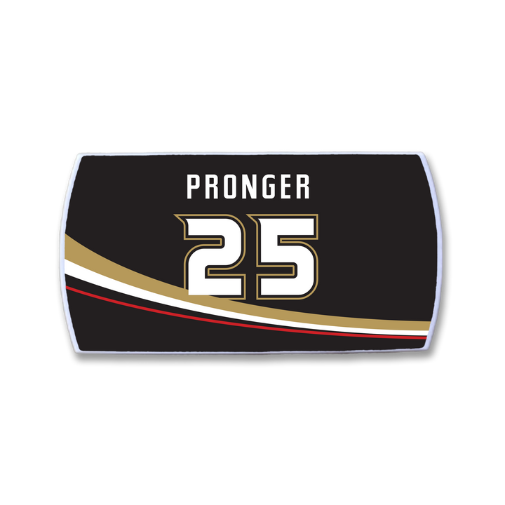 A black ZippyBack™ hockey nameplate for Chris Pronger features white lettering above the number 25 and gold, white, and red curved stripes below.