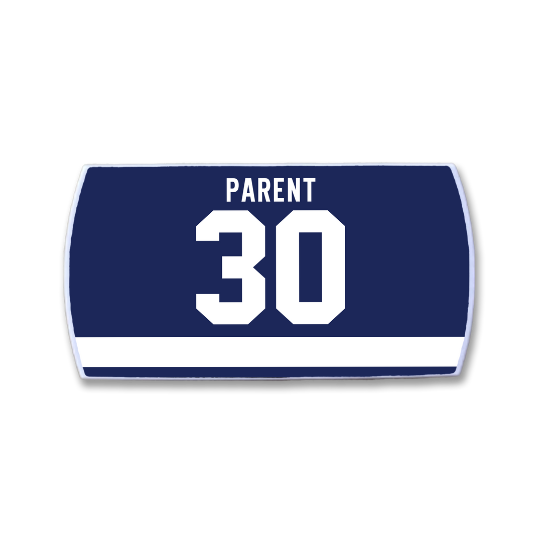 The ZippyBack™ Bernie Parent jersey features a navy blue nameplate with white "PARENT" lettering above a bold number 30 and a horizontal white stripe near the bottom, honoring championship goalie Bernie Parent.
