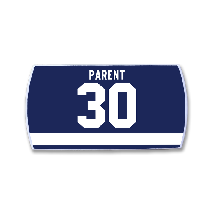 The ZippyBack™ Bernie Parent jersey features a navy blue nameplate with white "PARENT" lettering above a bold number 30 and a horizontal white stripe near the bottom, honoring championship goalie Bernie Parent.