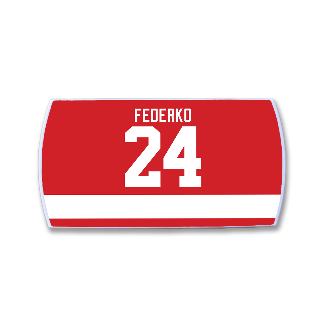 The ZippyBack™ Bernie Federko nameplate features "BERNIE FEDERKO" in white capitals above the number 24 on a red hockey jersey, with a horizontal white stripe below, honoring his legendary vision and passing skills.
