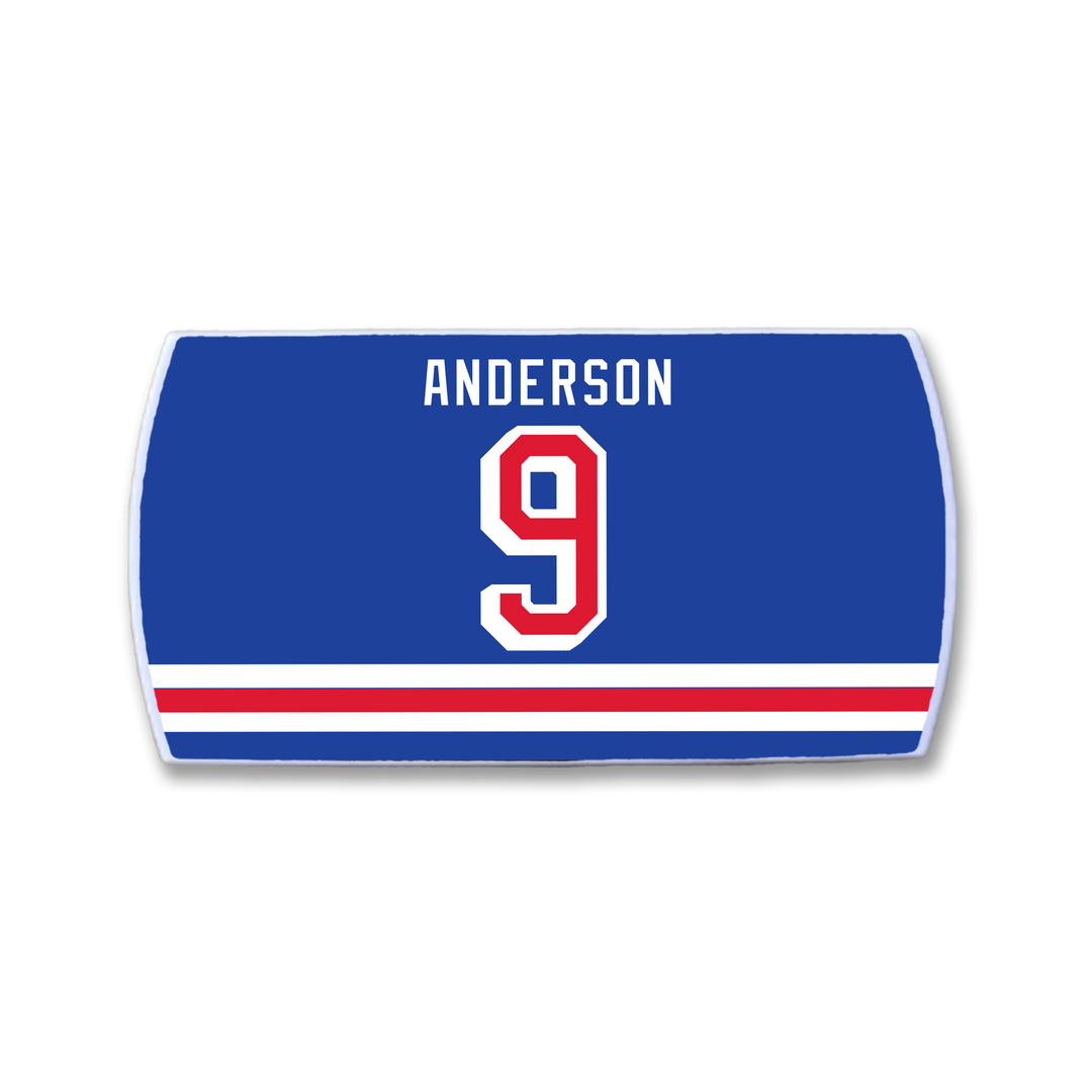 The ZippyBack™ Glenn Anderson jersey is blue with white and red stripes, showcasing ANDERSON and number 9 in bold white with red outline—a tribute to the legendary player known for clutch scoring and playoff excellence.