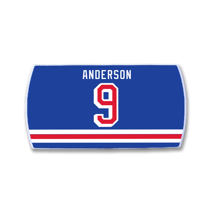The ZippyBack™ Glenn Anderson jersey is blue with white and red stripes, showcasing ANDERSON and number 9 in bold white with red outline—a tribute to the legendary player known for clutch scoring and playoff excellence.