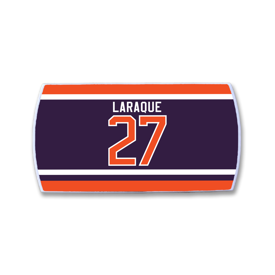 Show your support for legendary enforcer Georges Laraque with this ZippyBack™ nameplate featuring "LARAQUE" and number 27 on a dark background with orange and white stripes.