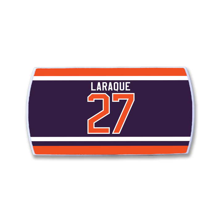 Show your support for legendary enforcer Georges Laraque with this ZippyBack™ nameplate featuring "LARAQUE" and number 27 on a dark background with orange and white stripes.