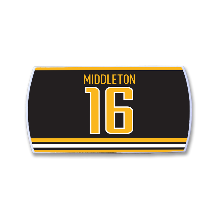 The ZippyBack™ Rick Middleton black and gold sports jersey patch features "Middleton" above a large 16, gold bottom stripes, and honors legendary winger Rick Middleton’s legacy as an offensive star.