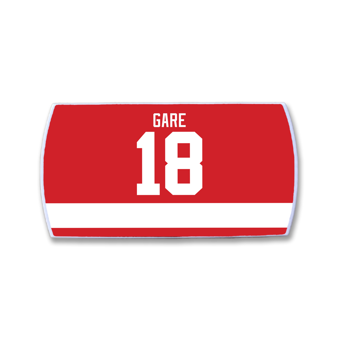 Show your support for Danny Gare with this ZippyBack™ red hockey jersey nameplate, displaying "GARE" in white above number 18 and a classic horizontal white stripe—ideal for fans of true offensive talent.