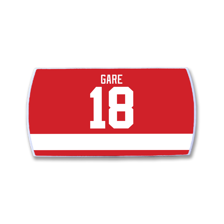 Show your support for Danny Gare with this ZippyBack™ red hockey jersey nameplate, displaying "GARE" in white above number 18 and a classic horizontal white stripe—ideal for fans of true offensive talent.