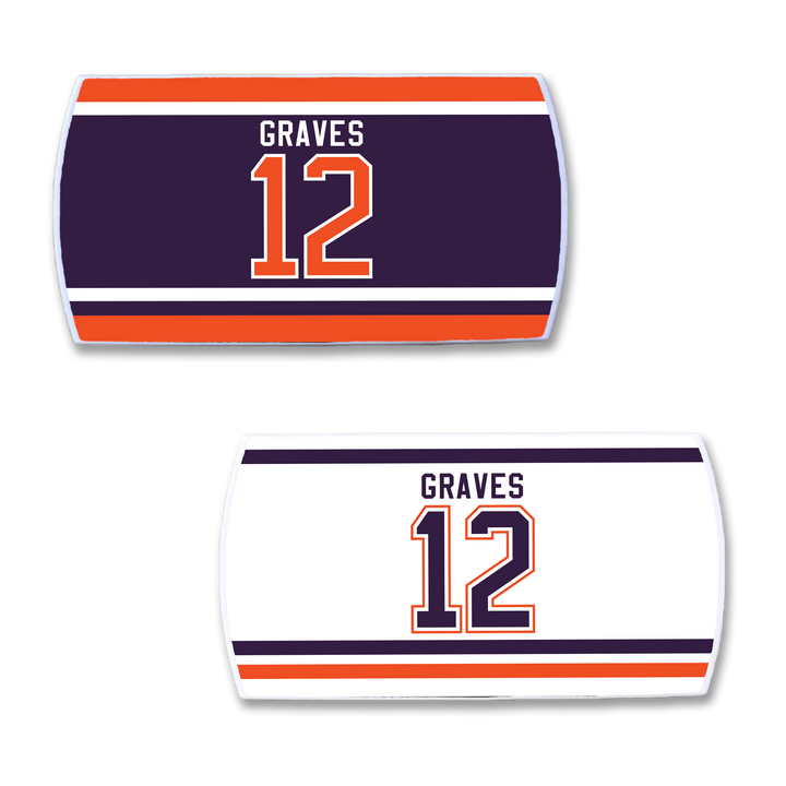 Two rectangular sports towels by ZippyBack™—one dark purple, one white—feature orange and purple stripes. Both display "GRAVES" and number 12 in bold, celebrating Adam Graves and the intensity of the game.