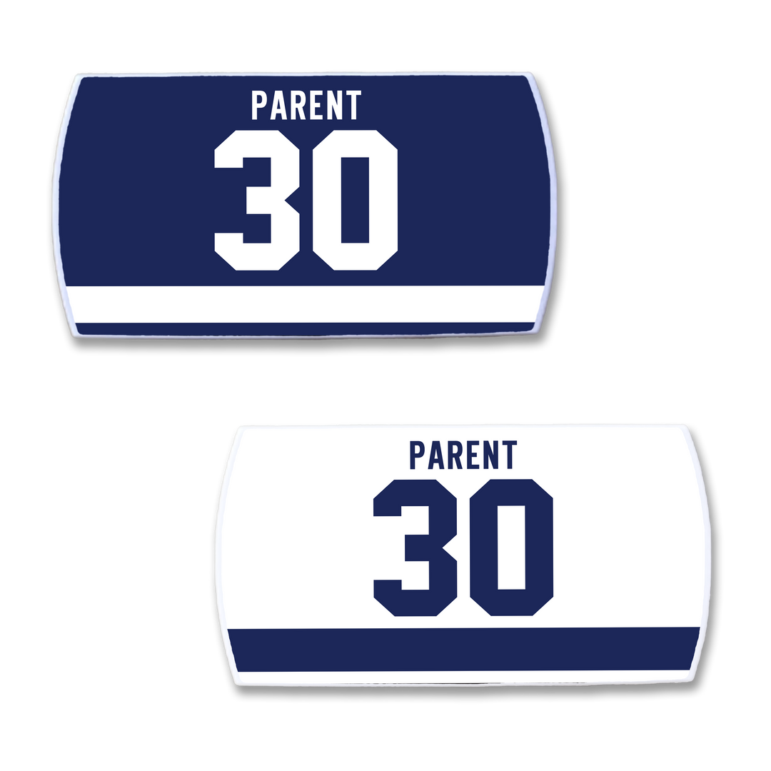 Celebrate legendary goaltender Bernie Parent with ZippyBack™ nameplates: one navy blue with white text, the other white with navy blue. Both have "PARENT" above bold 30 and a bottom stripe—classic, rectangular tributes to a Flyers icon.