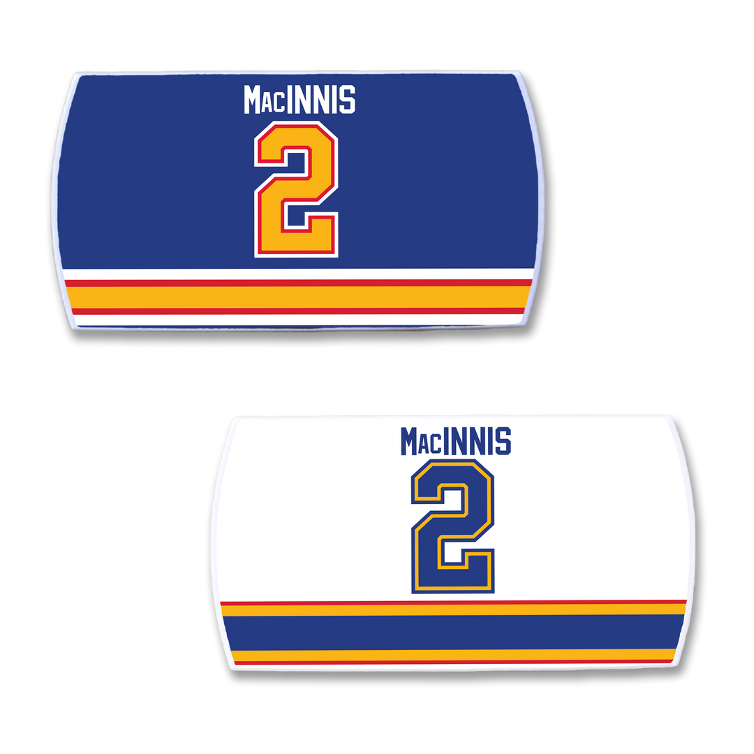 ZippyBack™ Al MacInnis nameplates: two hockey jersey patches, both with his name and number 2—one blue with bright stripes, one white with matching stripes—a tribute to the legendary slapshot.