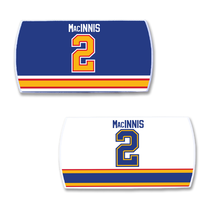 ZippyBack™ Al MacInnis nameplates: two hockey jersey patches, both with his name and number 2—one blue with bright stripes, one white with matching stripes—a tribute to the legendary slapshot.