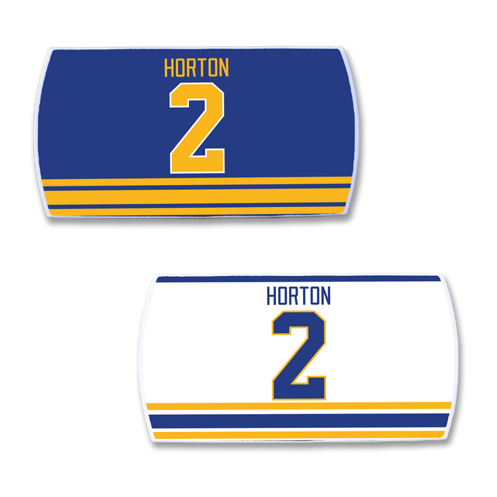 ZippyBack™ Tim Horton hockey jersey nameplates: one blue with yellow/white stripes, “HORTON” and 2; one white with blue/yellow stripes, also showing “HORTON” and 2—honoring the legendary defenseman.