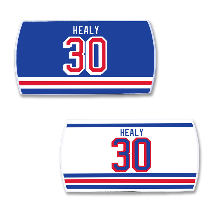 Two ZippyBack™ Glenn Healy hockey jersey nameplates—one blue, one white—each display “Healy” above the number 30 in red and blue with a white outline, plus classic Islanders-style red, white, and blue stripes at the bottom.