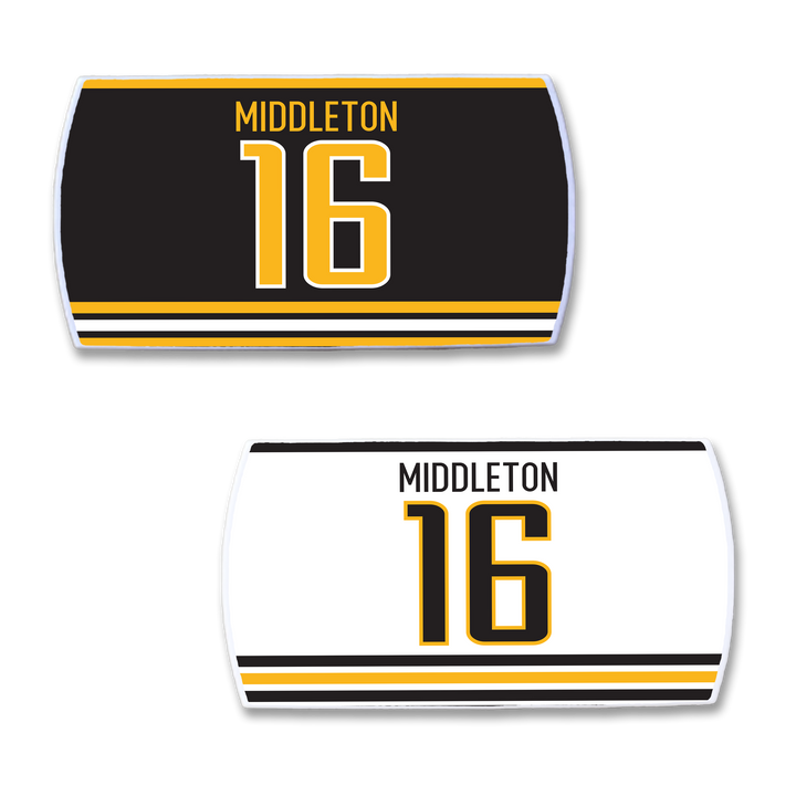 Two ZippyBack™ Rick Middleton nameplates, number 16: one with black background and yellow/white stripes, one with white background and black/yellow stripes—ideal for displaying your favorite winger’s name on or off the ice.