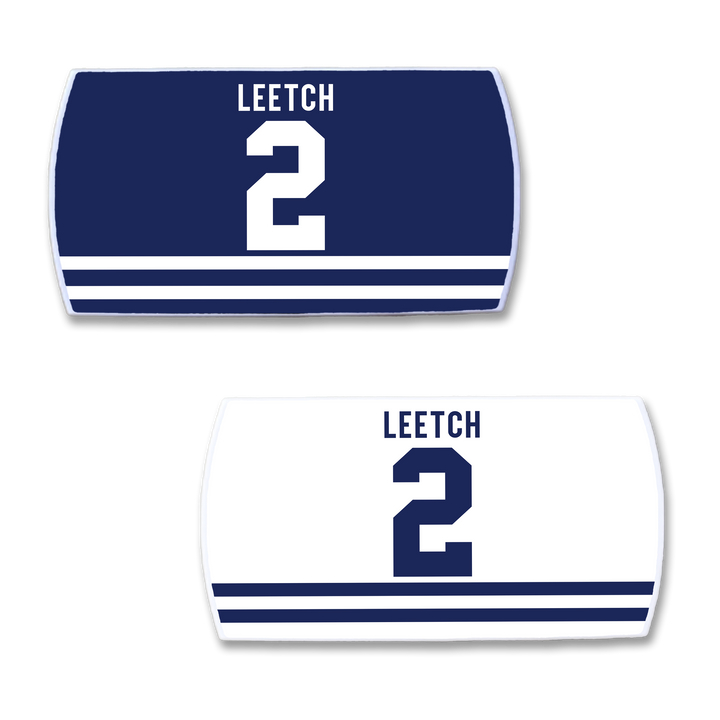 Two ZippyBack™ Brian Leetch hockey jersey nameplates 2: one dark blue with white accents, one white with dark blue details—ideal collectibles for any hockey fan.