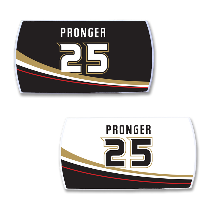 Two ZippyBack™ rectangular hockey jersey nameplates feature Chris Pronger and number 25: one with a black background, the other white. Both have gold, red, and black curved stripes at the bottom.