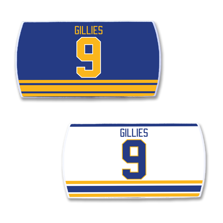 Celebrate legendary power forward Clark Gillies with ZippyBack™ nameplates, labeled GILLIES and number 9: one blue with yellow/white stripes, one white with blue/yellow stripes—honoring his impressive scoring legacy.