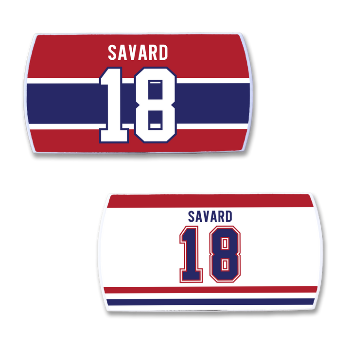 Two rectangular ZippyBack™ nameplates for Denis Savard feature “SAVARD 18” in bold; the top has red, blue, and white stripes, while the bottom is mostly white with red and blue stripes at the bottom.