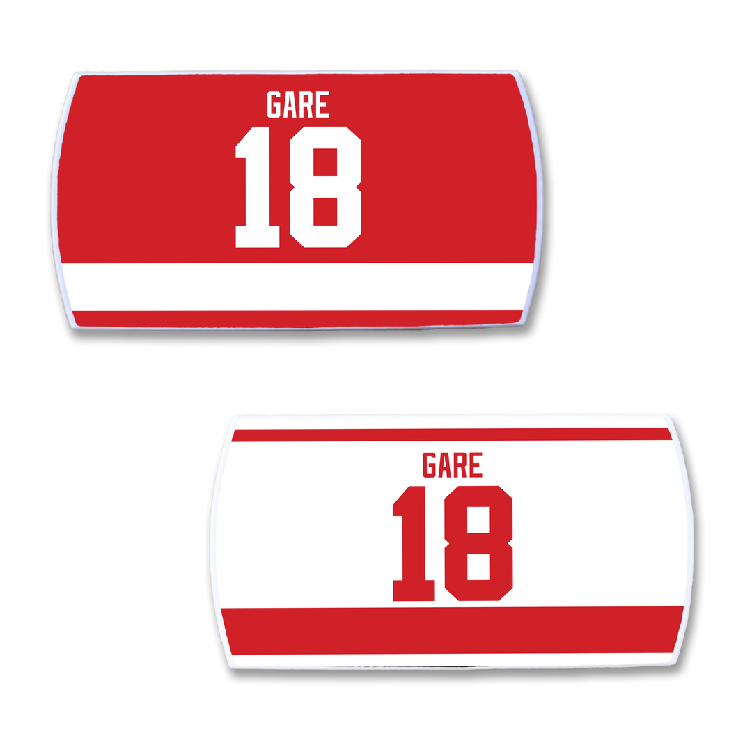 Two ZippyBack™ Danny Gare hockey jersey nameplates: one red with white GARE 18, one white with red GARE 18. Both feature bold numbers and bottom stripes, celebrating a scorer&