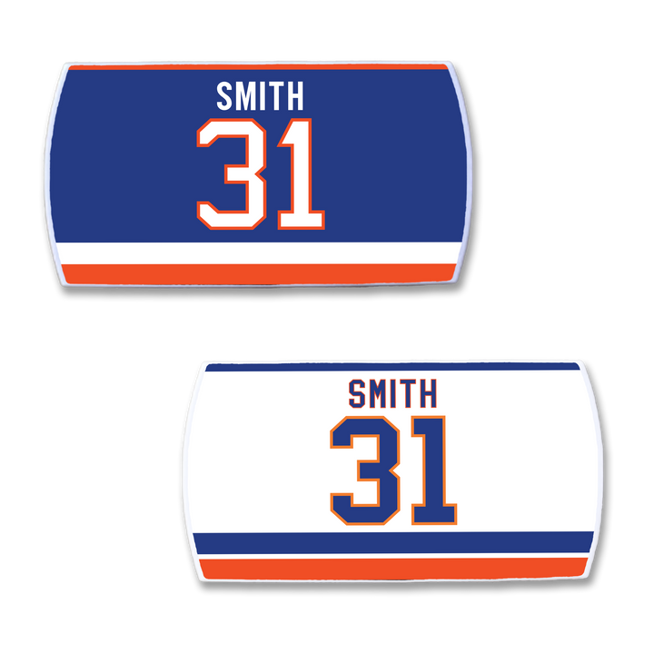 ZippyBack™ Billy Smith features two hockey nameplate-style labels: both show "Smith" and number 31. One has a blue background with orange/white stripes; the other, a white background with blue/orange stripes.