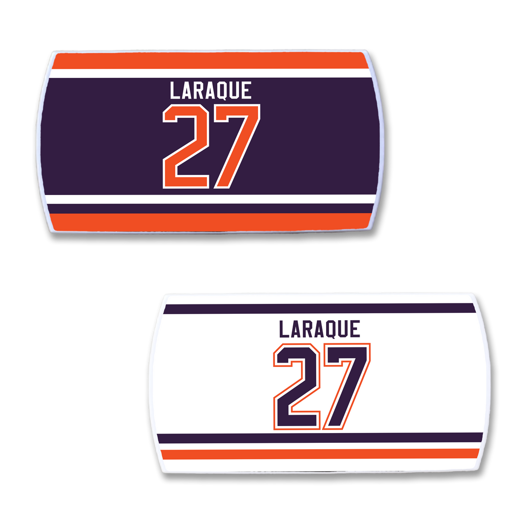 ZippyBack™ offers two Georges Laraque hockey jersey nameplates: one dark blue with orange and white stripes, and one white with dark blue and orange stripes, both featuring the name LARAQUE and number 27.