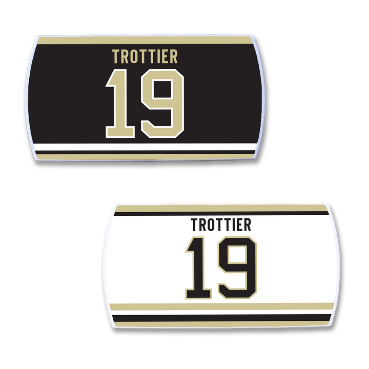Show your support for leadership on the ice with ZippyBack™ Bryan Trottier jersey nameplates: one black gold/white TROTTER 19 and one white black/gold TROTTER 19, each featuring two horizontal stripes below.