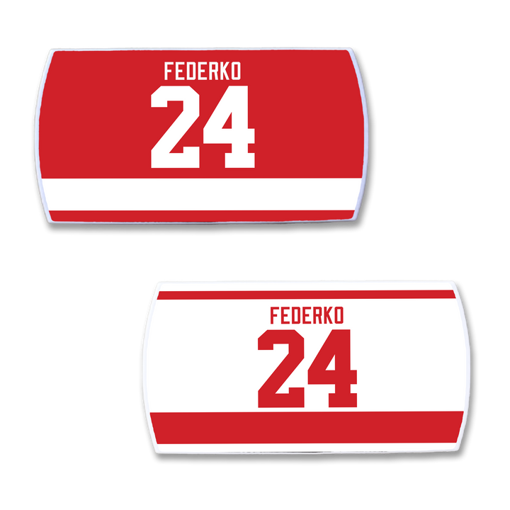 Two ZippyBack™ Bernie Federko rectangular nameplates: one red with white FEDERKO 24 text and one white with red FEDERKO 24 text, both featuring bold stripes—a must-have for true hockey fans.