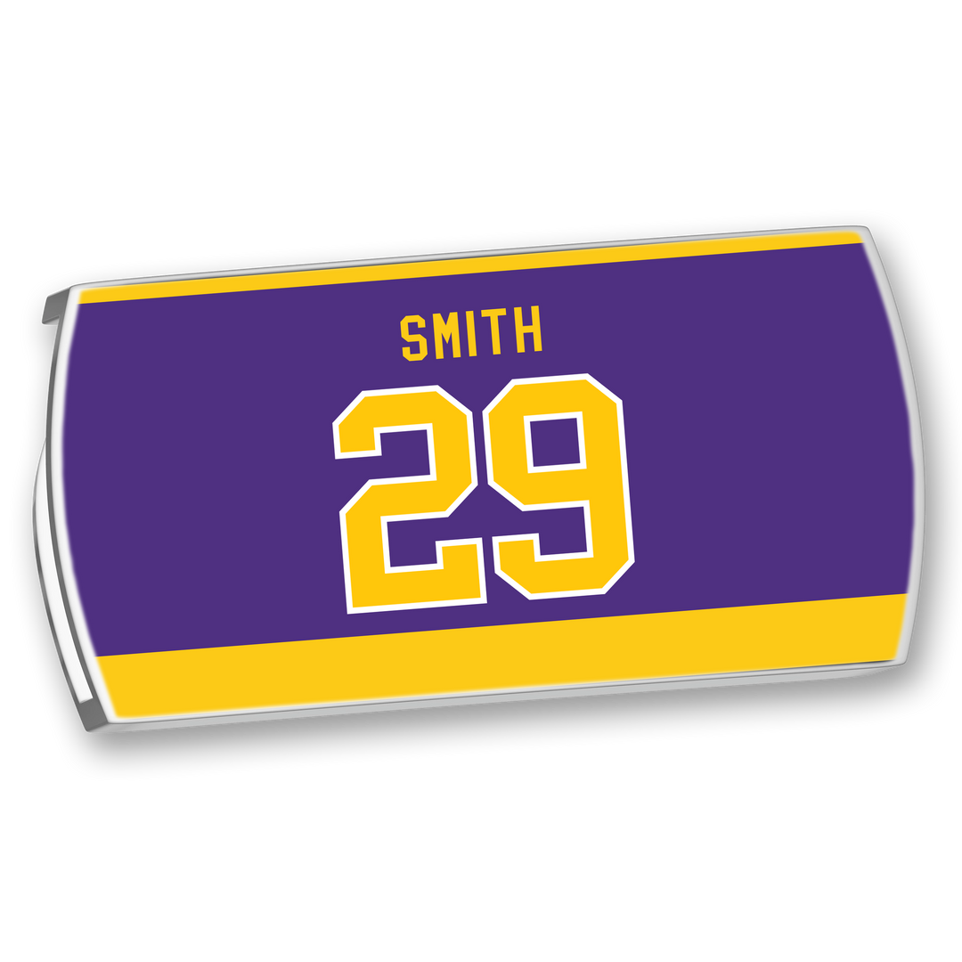 The ZippyBack™ Billy Smith rectangular nameplate features a purple background, yellow borders, and "SMITH" above the large yellow-outlined number 29—celebrating Billy Smith&