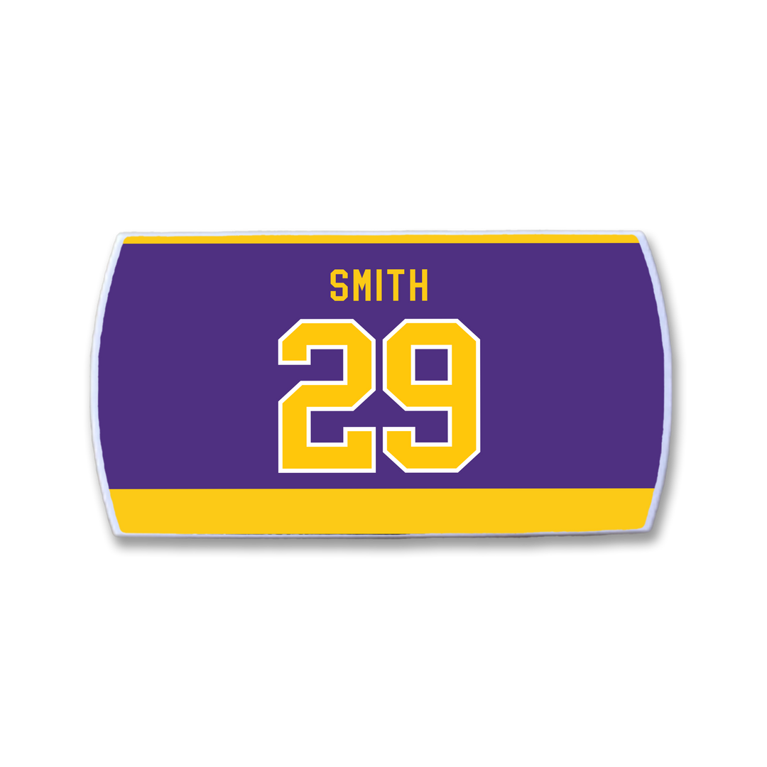 A ZippyBack™ rectangular sticker with a purple background and yellow borders features "Billy Smith" in yellow above a large, white-outlined yellow number 29—honoring the hockey legend&
