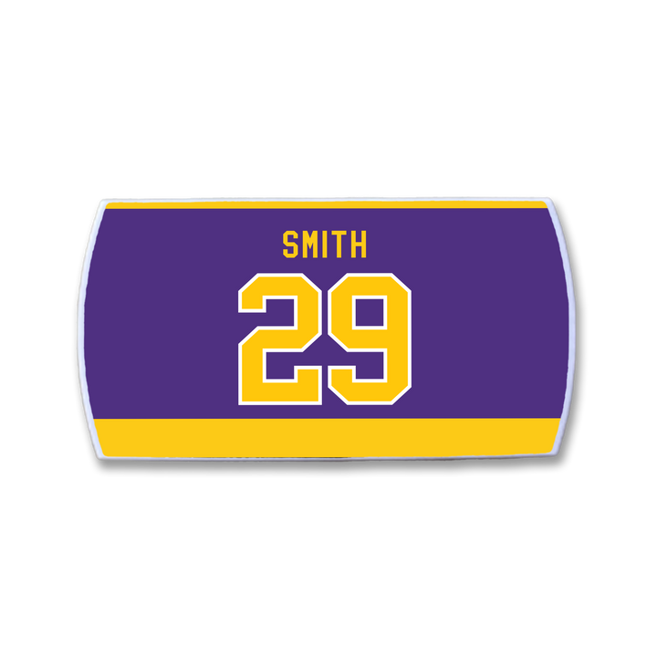 A ZippyBack™ rectangular sticker with a purple background and yellow borders features "Billy Smith" in yellow above a large, white-outlined yellow number 29—honoring the hockey legend&