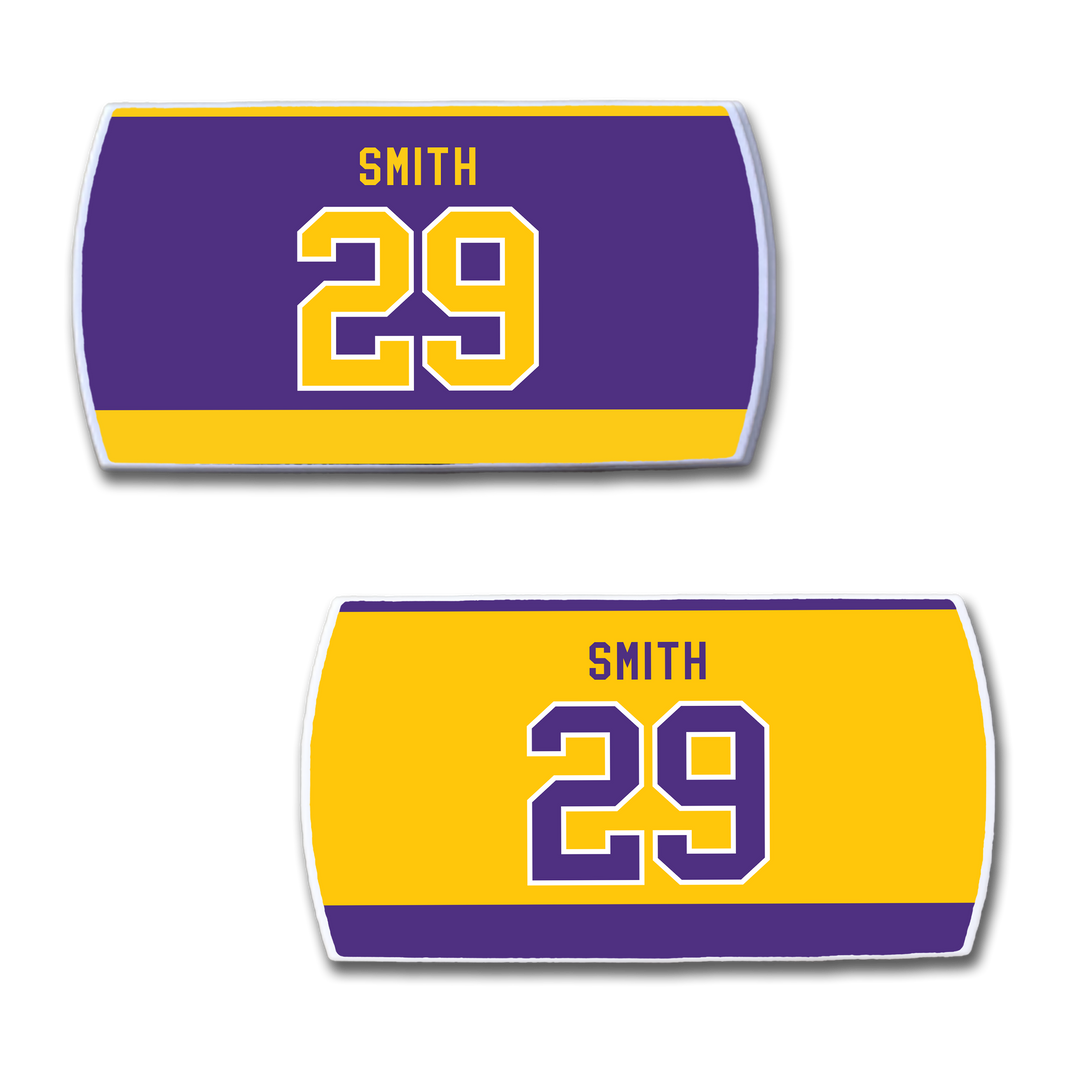 Show your support with two ZippyBack™ rectangular stickers featuring "Billy Smith" and number 29 in white and purple. With jersey-style designs—one in purple &amp; gold, one in gold &amp; purple—they&