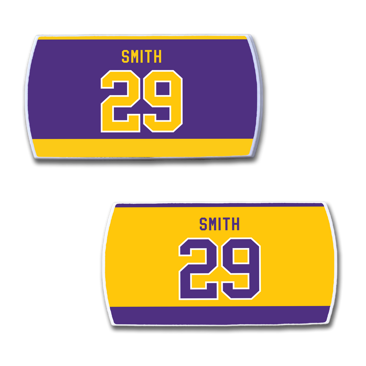 Show your support with two ZippyBack™ rectangular stickers featuring "Billy Smith" and number 29 in white and purple. With jersey-style designs—one in purple &amp; gold, one in gold &amp; purple—they&