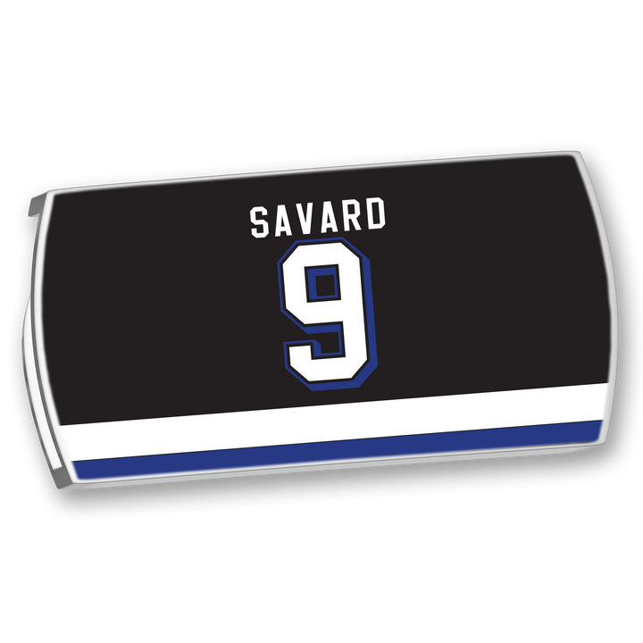 The ZippyBack™ Denis Savard black hockey jersey features "Denis Savard" in white above a bold white and blue number 9, with matching white and blue stripes at the bottom, honoring his puck handling legacy.