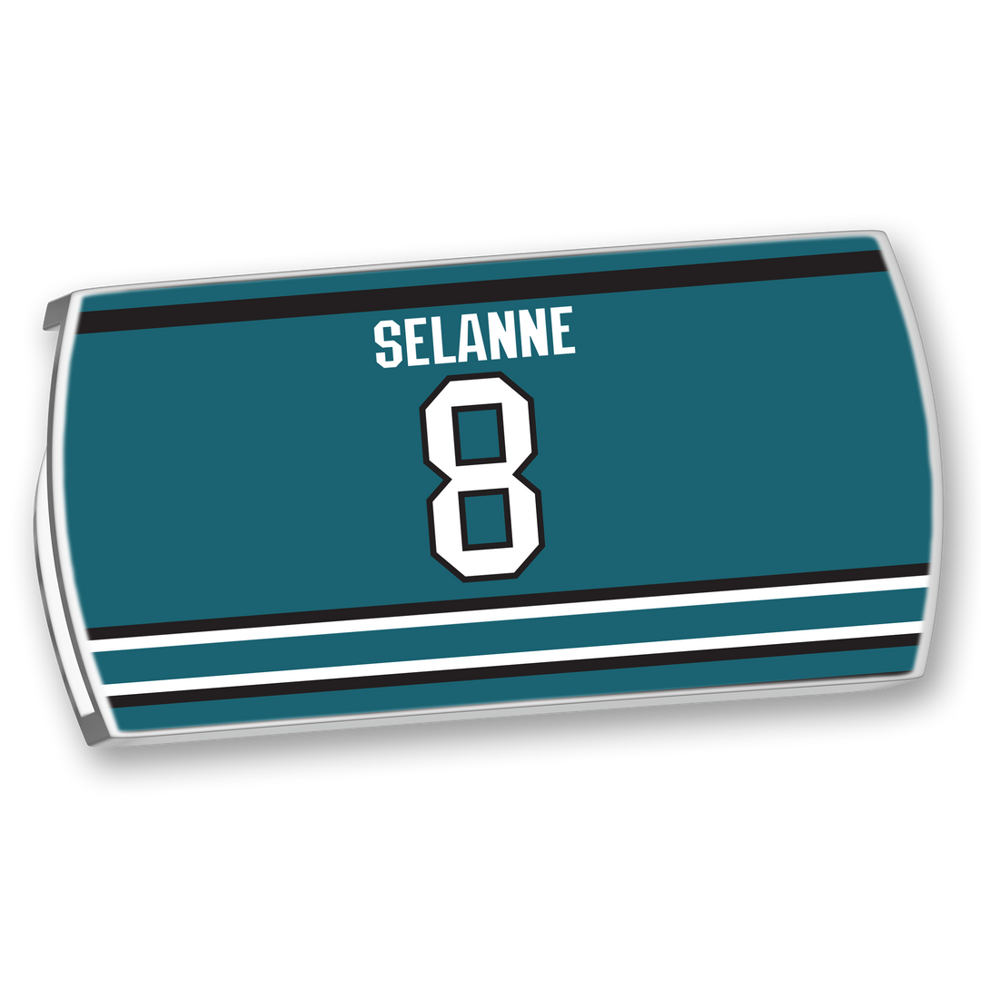 The ZippyBack™ Teemu Selänne jersey features teal fabric with black and white stripes, his name in white, and the number 8—an iconic tribute to the legendary hockey winger.